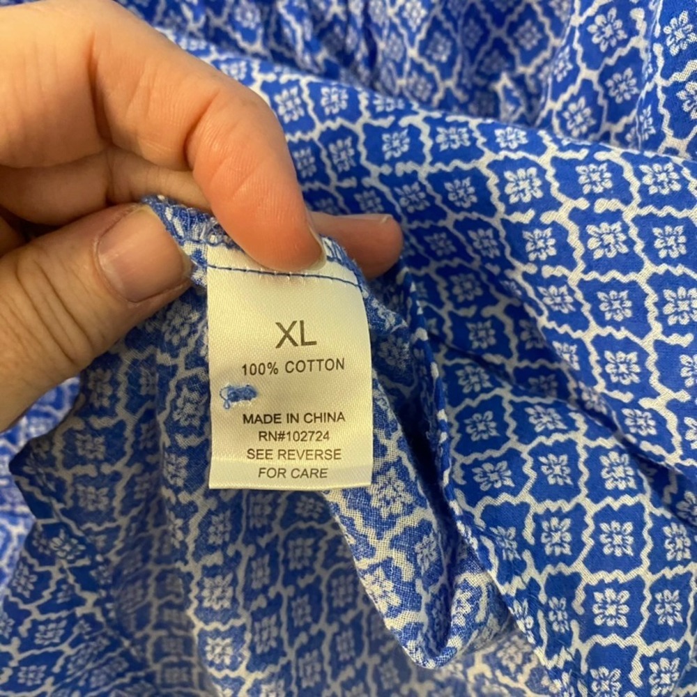 Hester & Orchard XL Blue White Geometric Cotton Roll Tab Pintuck Blouse Boho - Picture 8 of 15